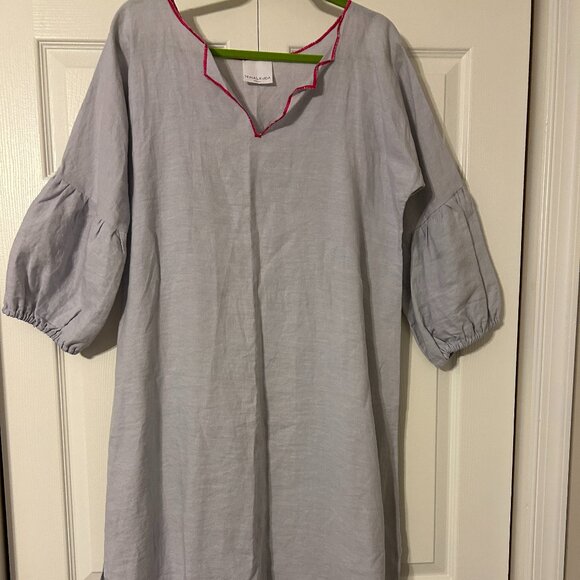 NINA LEUCA Sz XL Gray with Pink Trim 100% Linen 3/4 Sleeves Maxi Dress ITALY - Picture 2 of 8